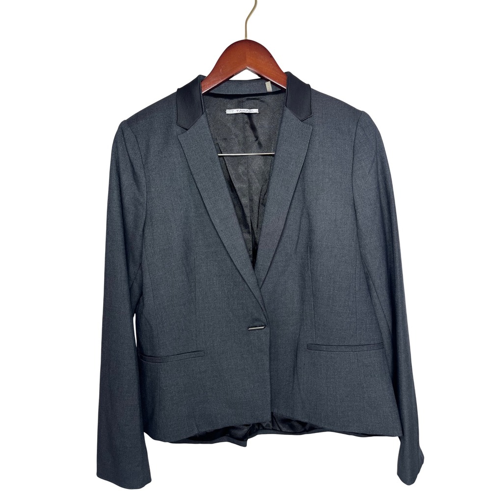 T Tahari Blazer Women 10 Grey Satin Trim Collar Wool Blend Single Button
